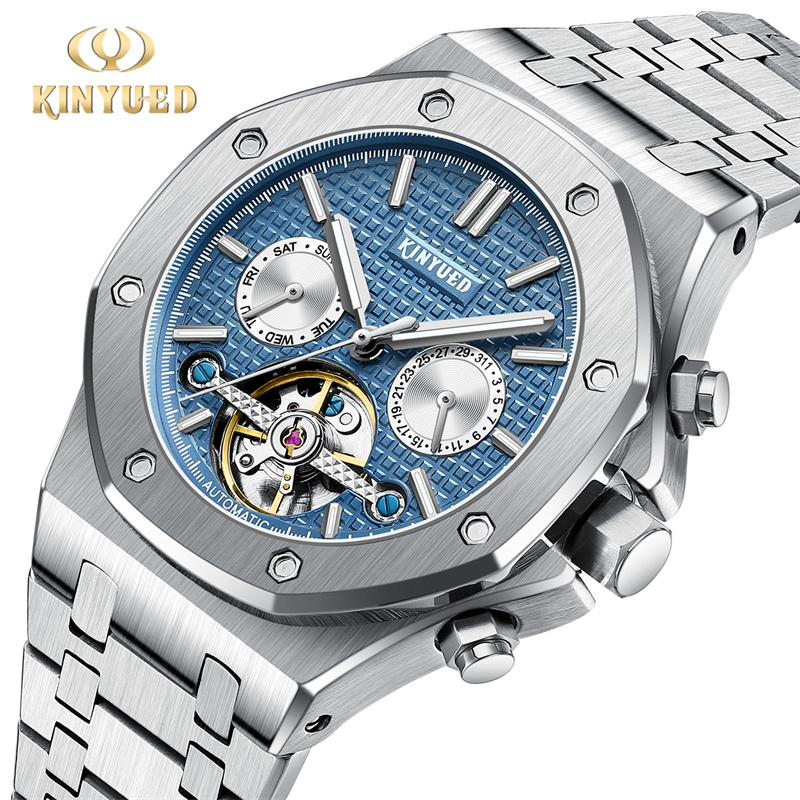 Tourbillon Movement Watch - Marca KINYUED, reloj mecánico azul a